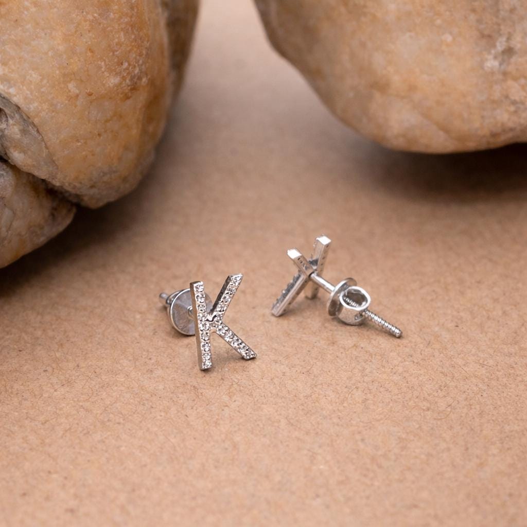 925 Sterling Silver K Stud Earrings CZ Pave Letter K Initial Earrings Minimalist Alphabet Jewelry Gift for Her