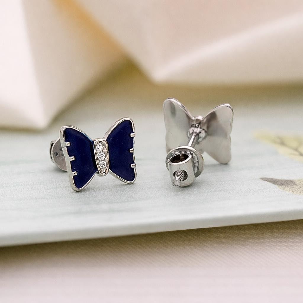 AMONROO® 925 Silver Jewellery for Women - 925 Sterling Silver Blue Bow Butterfly CZ Stud Earrings, Dainty Fashion Jewellery | 925 Stamp, Warranty & Authenticity Certificate