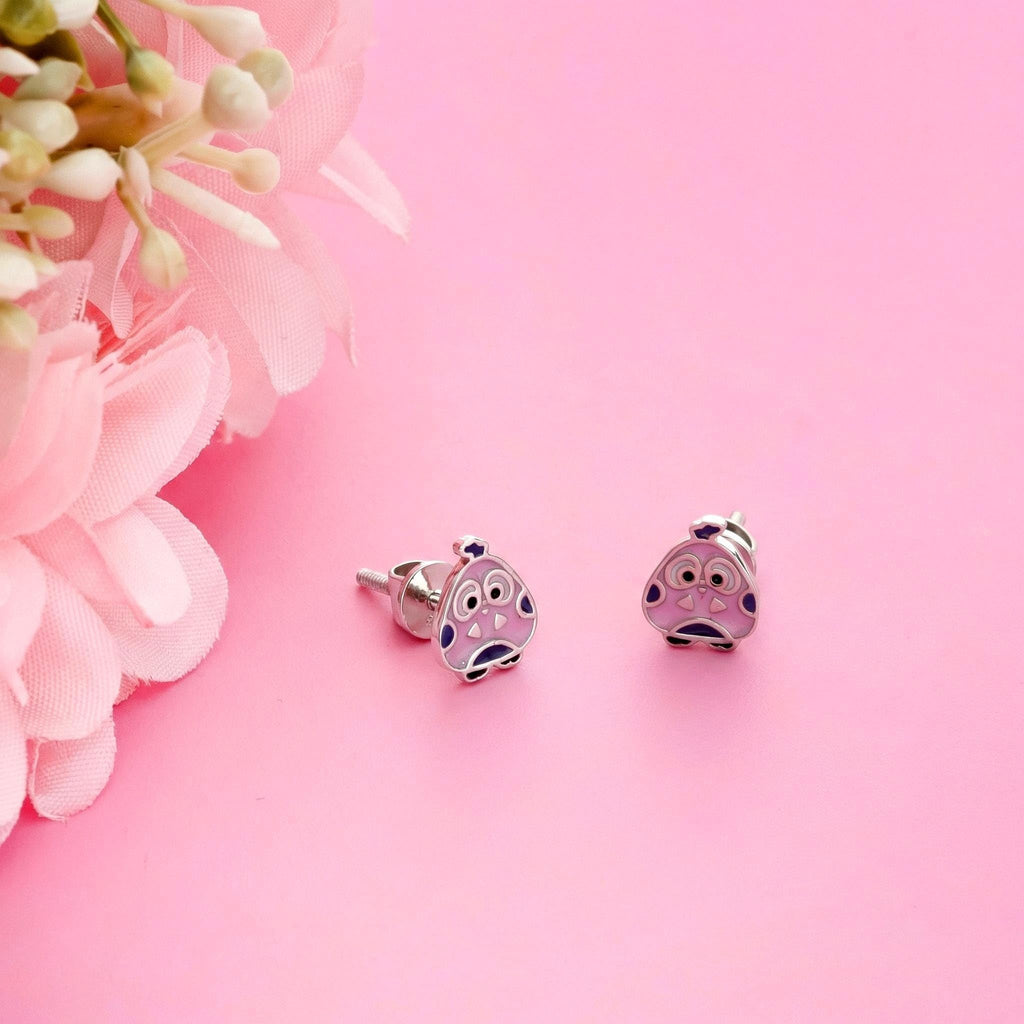 AMONROO® 925 Silver Jewellery for Women - 925 Sterling Silver Owl Purple Enamel Stud Earrings, Bird Earrings, Animal Jewellery | 925 Stamp, Warranty & Authenticity Certificate
