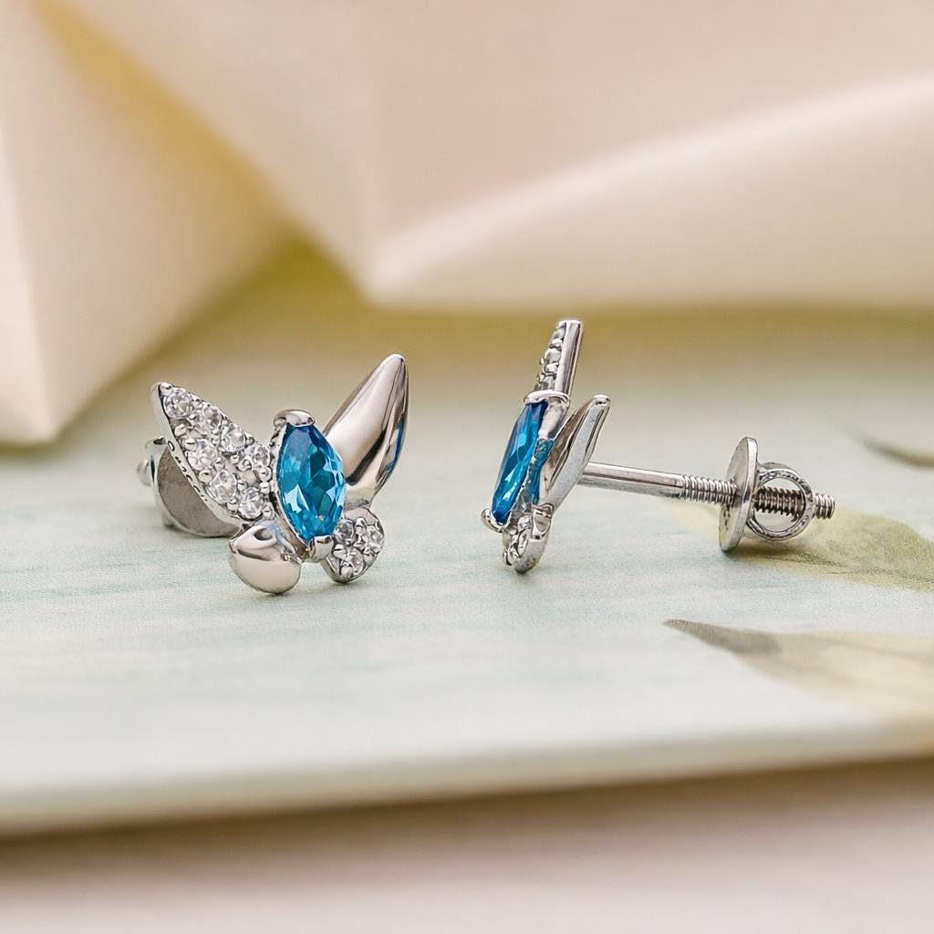AMONROO® 925 Silver Jewellery for Women - 925 Sterling Silver Blue Marquise CZ Butterfly Stud Earrings, Dainty Butterfly Jewellery | 925 Stamp, Warranty & Authenticity Certificate
