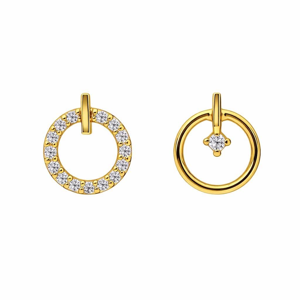 AMONROO® 925 Silver Jewellery for Women - Gold Finish 925 Sterling Silver Circle CZ Stud Earrings, Asymmetric Earrings, Daily Wear | 925 Stamp, Warranty & Authenticity Certificate