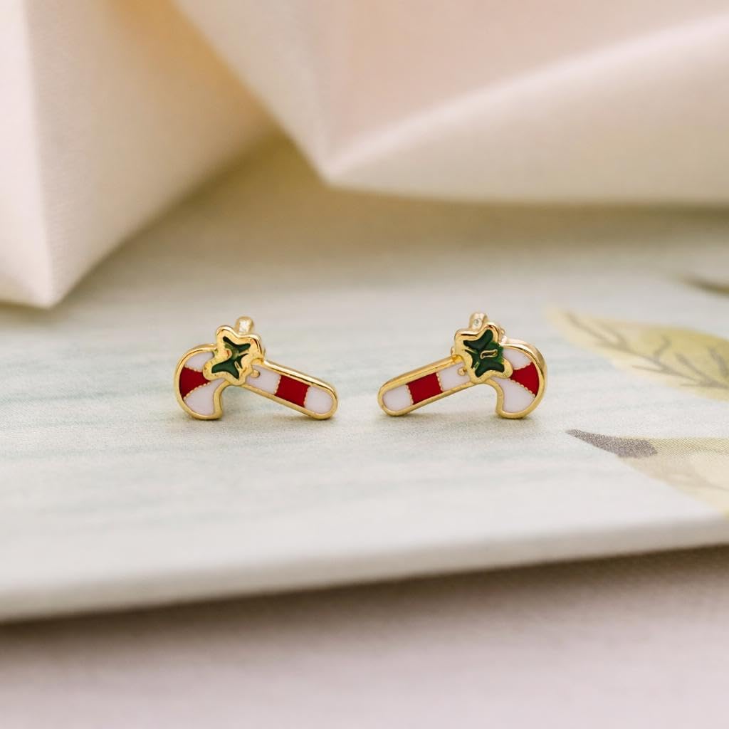 AMONROO® 925 Silver Jewellery for Women - 925 Sterling Silver Enamel Candy Cane Stud Earrings, Christmas Earrings, Festive Jewellery Gift | 925 Stamp, Warranty & Authenticity Certificate