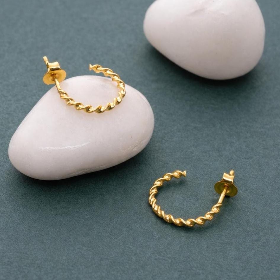 Gold Finish Sterling Silver Twisted Hoop Earrings, Dainty Rope Studs-Size 15 x 2 MM