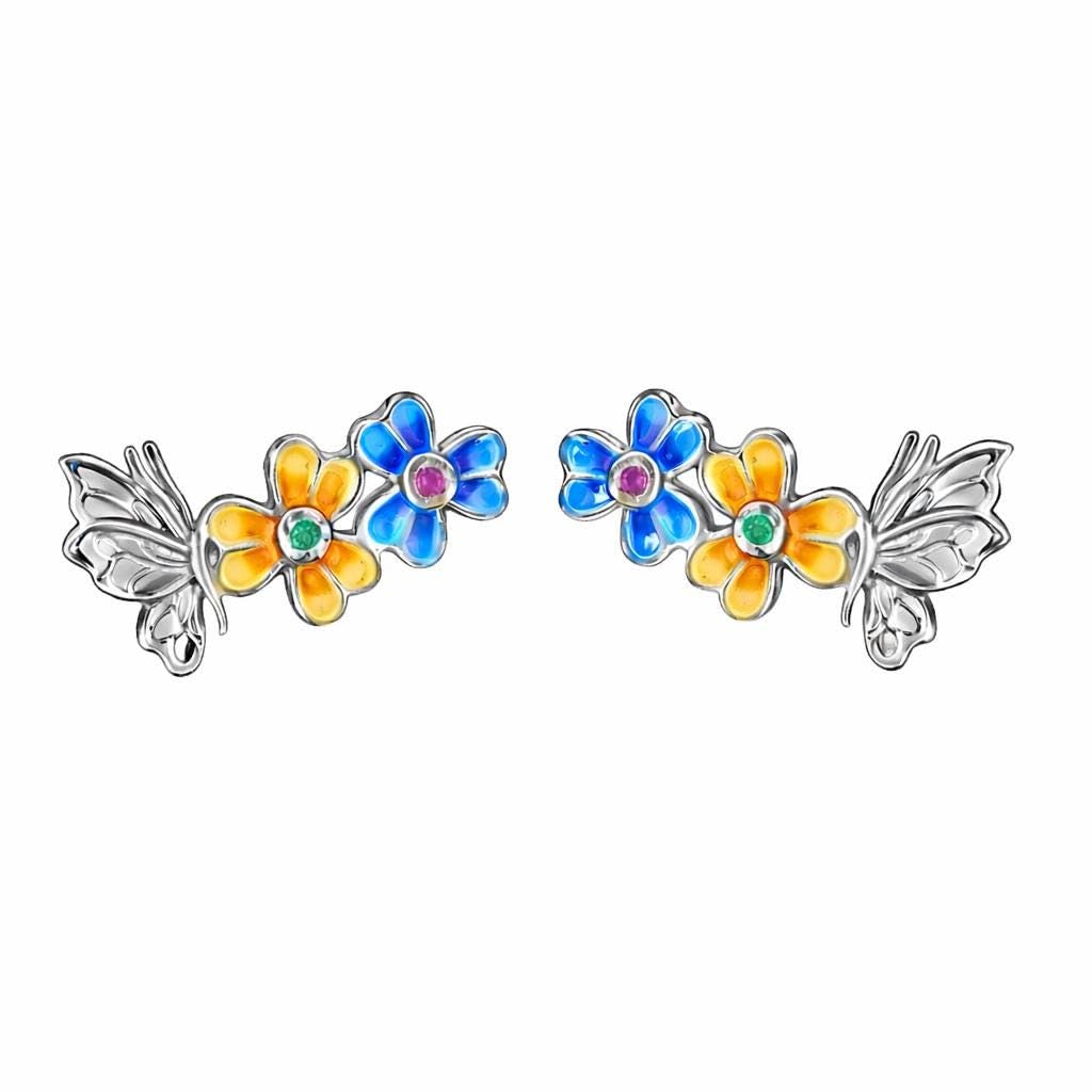 AMONROO® 925 Silver Jewellery for Women - 925 Sterling Silver Butterfly Flower Enamel Stud Earrings, Colourful Floral Jewellery | 925 Stamp, Warranty & Authenticity Certificate