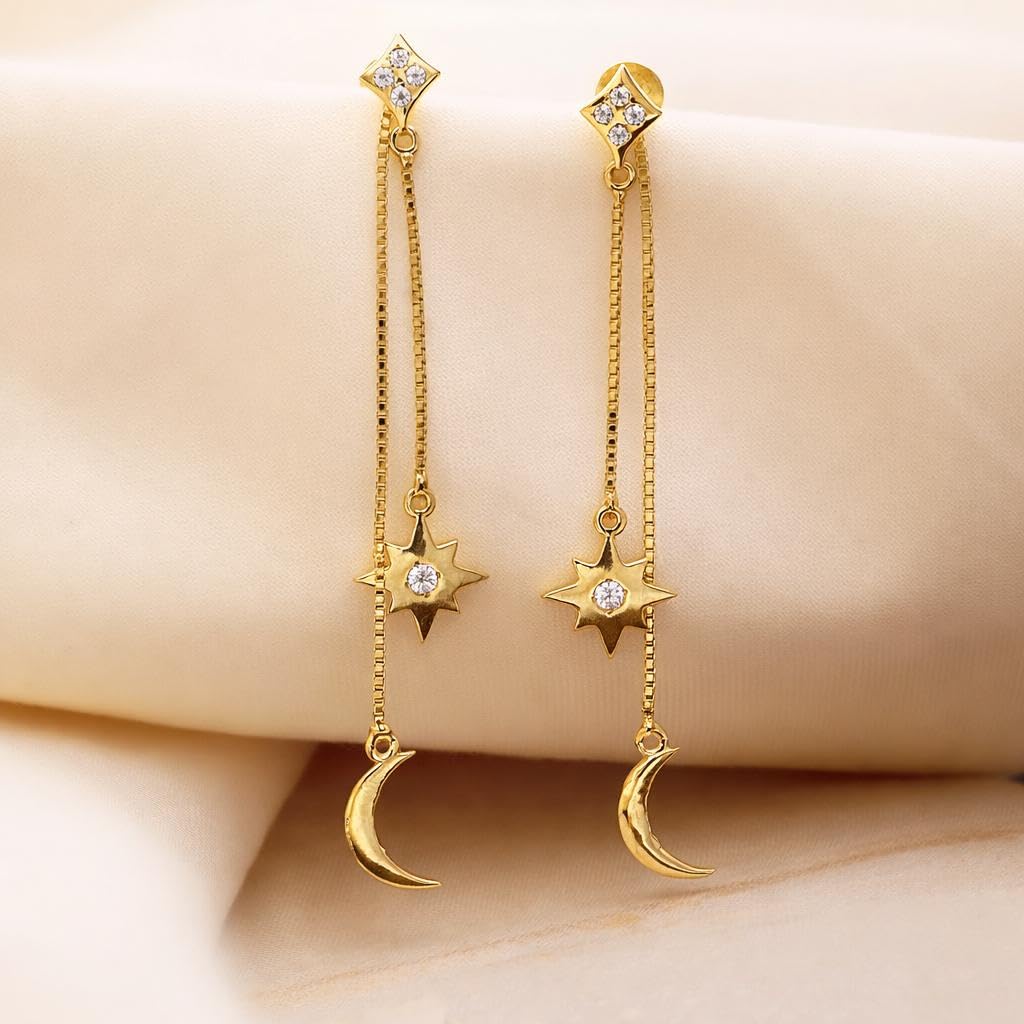 AMONROO® 925 Silver Jewellery for Women - 925 Sterling Silver Moon Star Dangle Earrings, Gold Finish CZ Chain Earrings, Trendy Jewellery | 925 Stamp, Warranty & Authenticity Certificate