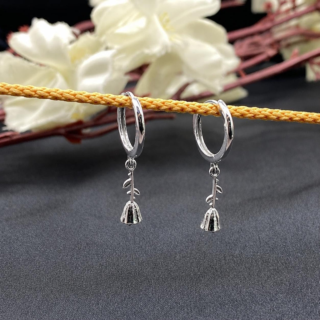 AMONROO® 925 Silver Jewellery for Women - 925 Sterling Silver Bell Flower Dangle Hoop Earrings, Floral Huggie Earrings, Daily Wear | 925 Stamp, Warranty & Authenticity Certificate