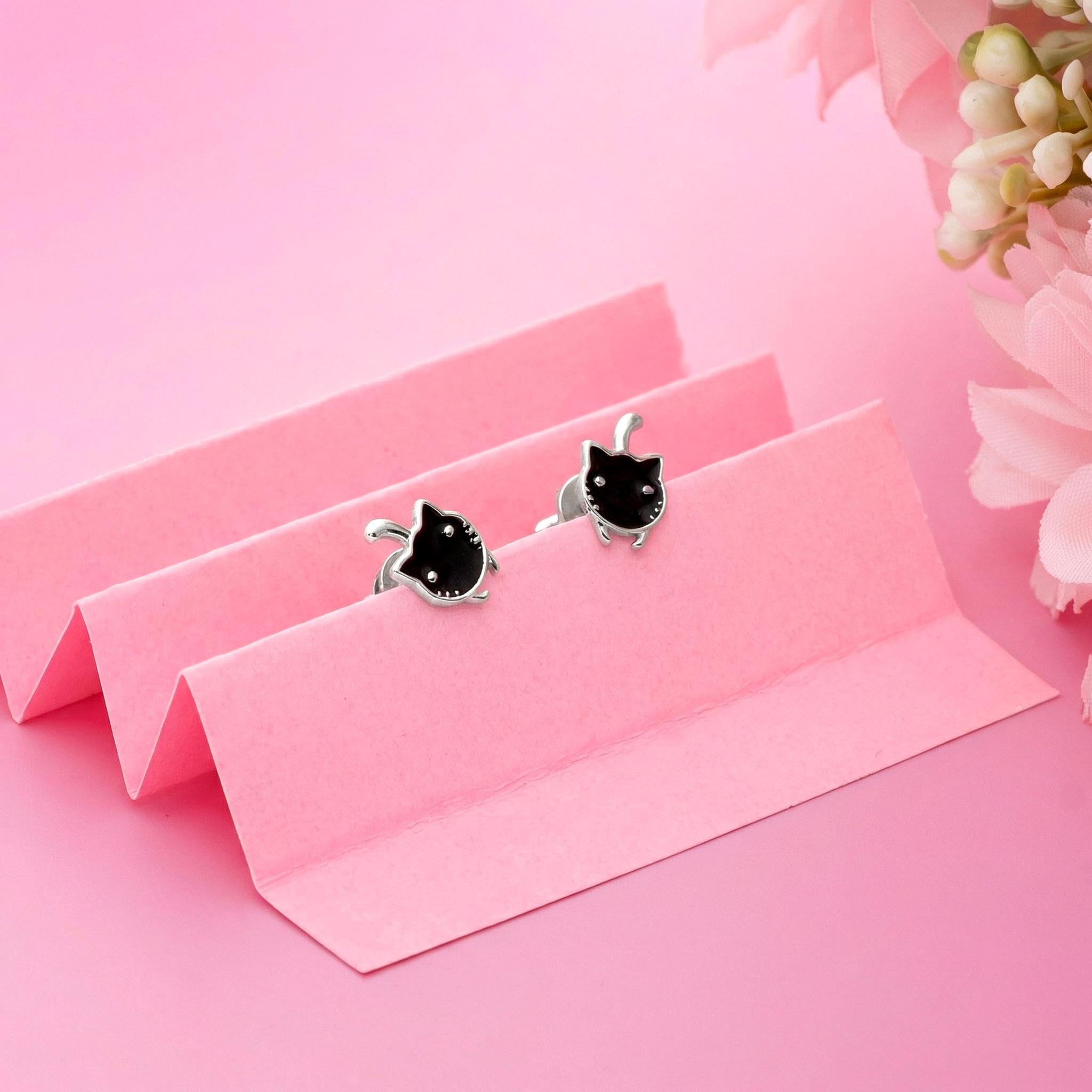 AMONROO® 925 Silver Jewellery for Women - 925 Sterling Silver Black Cat Enamel Stud Earrings, Cat Earrings, Animal Jewellery Gift | 925 Stamp, Warranty & Authenticity Certificate