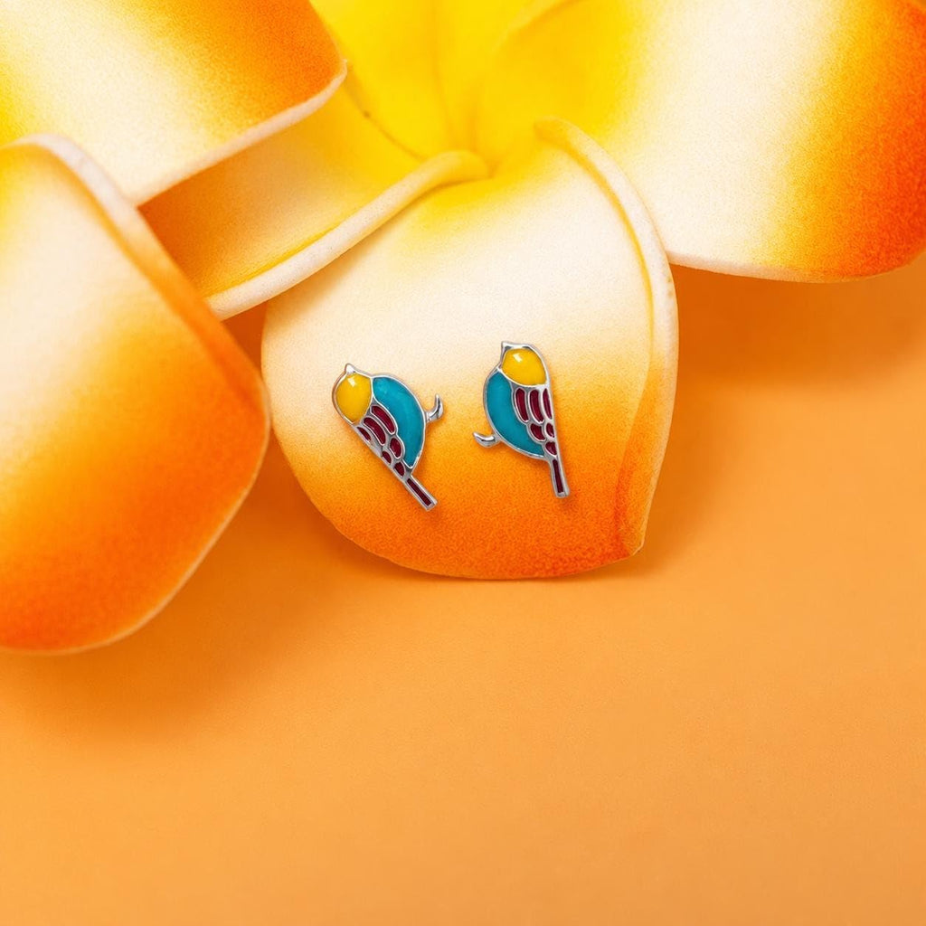 AMONROO® 925 Silver Jewellery for Women - 925 Sterling Silver Colourful Bird Enamel Stud Earrings, Sparrow Design Animal Jewellery | 925 Stamp, Warranty & Authenticity Certificate