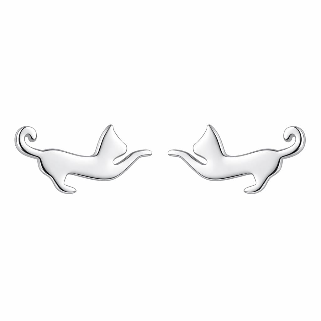 AMONROO® 925 Silver Jewellery for Women - 925 Sterling Silver Running Cat Stud Earrings, Cat Earrings, Animal Jewellery Gift | 925 Stamp, Warranty & Authenticity Certificate