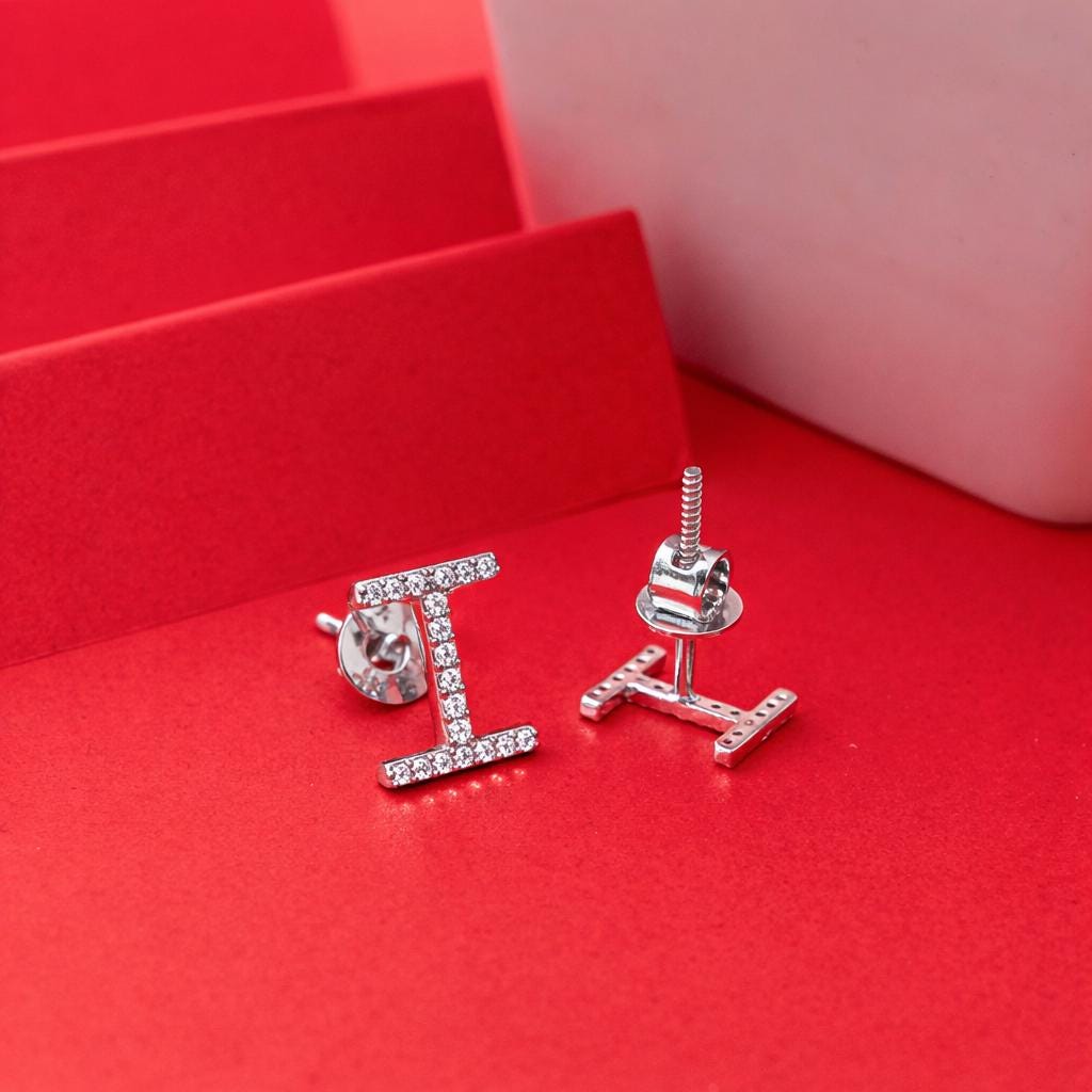 925 Sterling Silver I Initial Stud Earrings, Diamond Look Letter I Studs, Personalized Name Jewelry, Minimalist Gift for Her