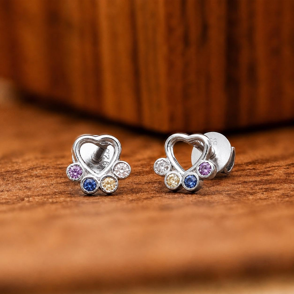 AMONROO® 925 Silver Jewellery for Women - 925 Sterling Silver Dog Paw Multicolour CZ Stud Earrings, Pet Jewellery Gift | 925 Stamp, Warranty & Authenticity Certificate