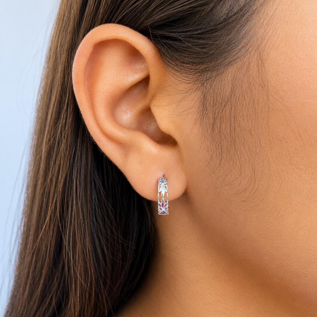 AMONROO® 925 Silver Jewellery for Women - 925 Sterling Silver Vintage Floral Blue CZ Huggie Hoop Earrings, Dainty Daily Wear | 925 Stamp, Warranty & Authenticity Certificate