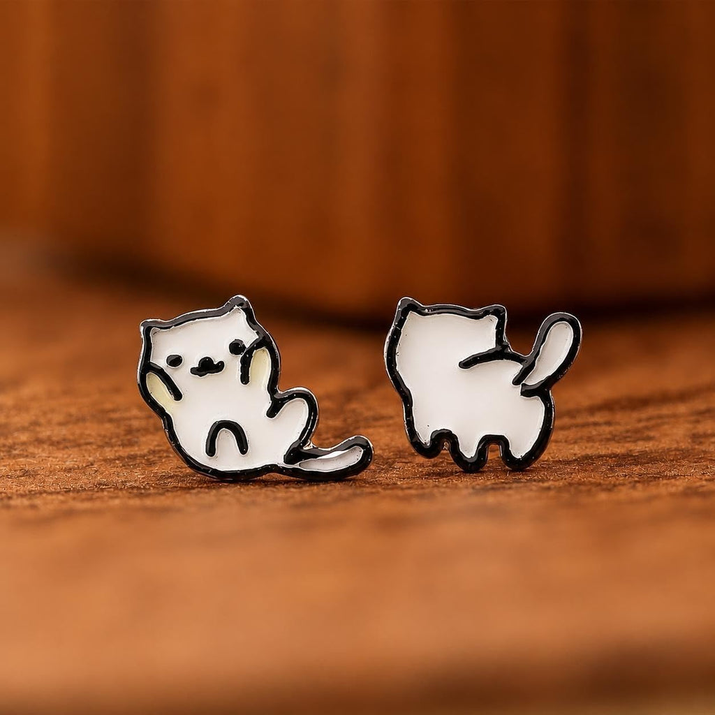 AMONROO® 925 Silver Jewellery for Women - 925 Sterling Silver White Cat Enamel Stud Earrings, Kitty Jewellery, 8 x 8.5 mm | 925 Stamp, Warranty & Authenticity Certificate