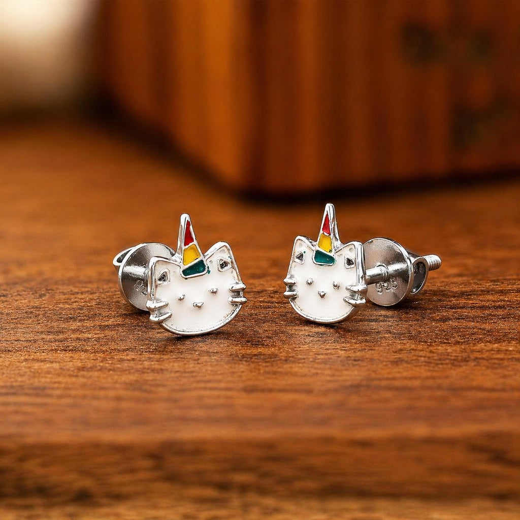 AMONROO® 925 Silver Jewellery for Women - 925 Sterling Silver Caticorn Enamel Stud Earrings, Cat Unicorn Jewellery, Gift for Girls | 925 Stamp, Warranty & Authenticity Certificate