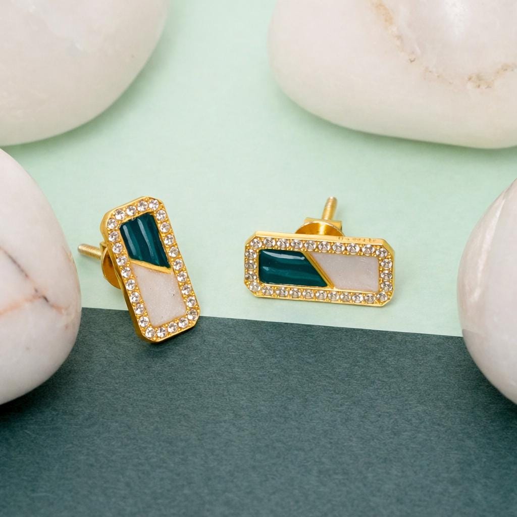 925 Sterling Silver Geometric Green Stud Earrings - Gold Finish Minimalist Art Deco Dainty Jewelry