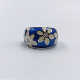 Blue Enamel with White Flowers Ring Blue & White Floral Wide CZ Ring for Wmen(Size 14)