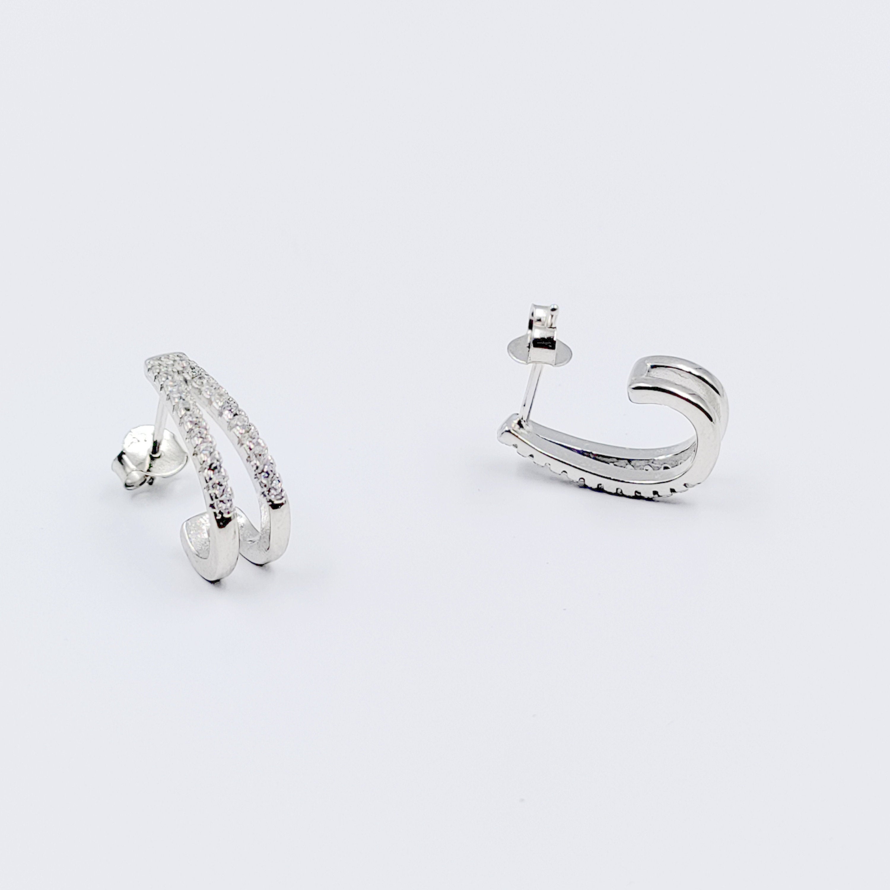 925 Sterling Silver J Hoop Earrings Cubic Zirconia Diamond Studded Bali Solid Silver Minimalist Handmade Gift-17x7 mm