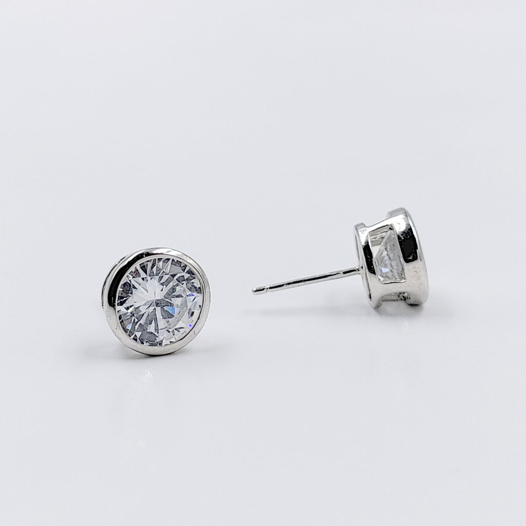 Cubic Zirconia Bezel Set Round Diamond Stud Earrings 925 Silver Earring with Sparkling CZ Minimalist Handmade Gift