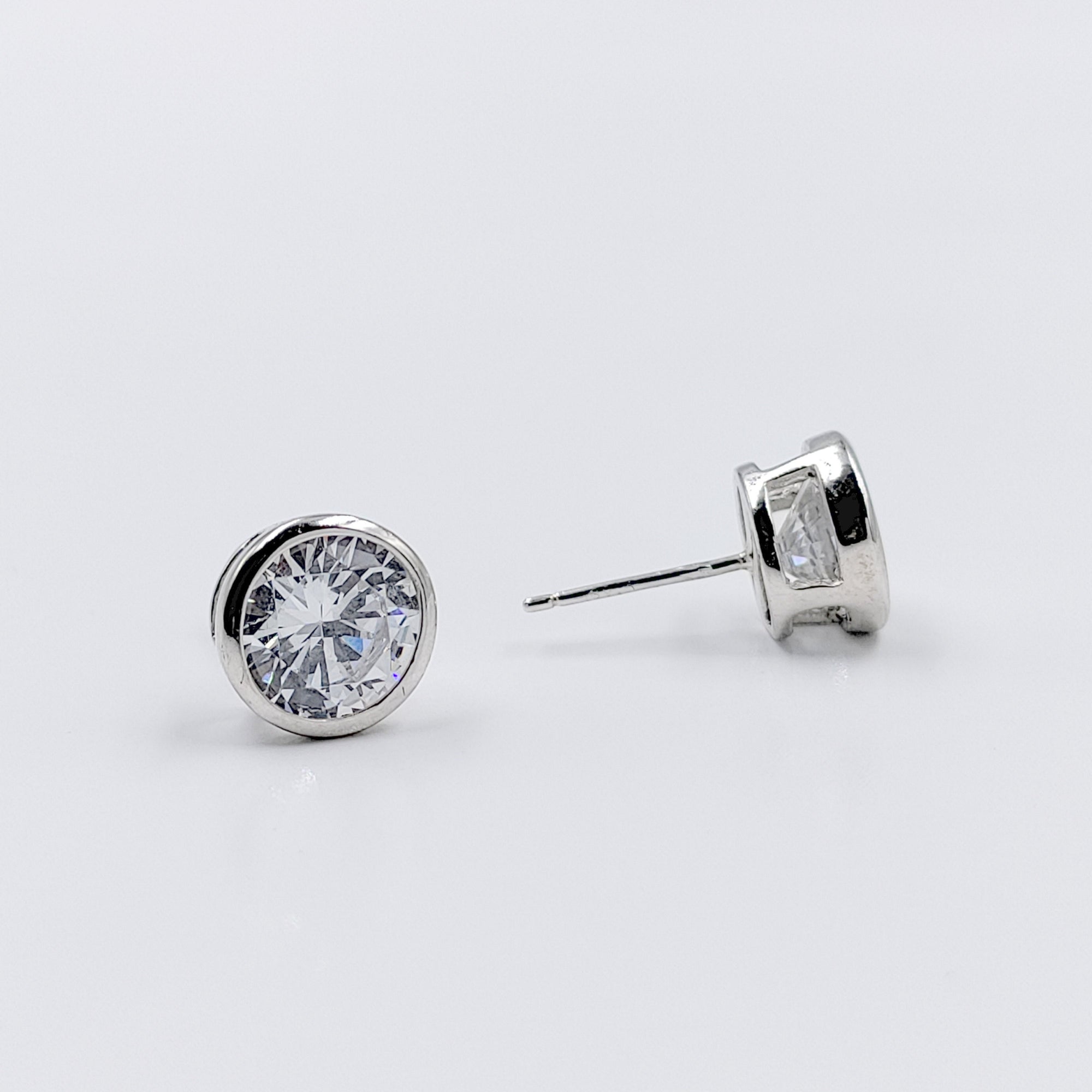 Cubic Zirconia Bezel Set Round Diamond Stud Earrings 925 Silver Earring with Sparkling CZ Minimalist Handmade Gift