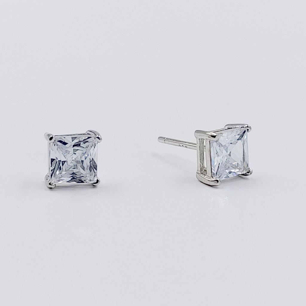 Princess Cut CZ Stud Earrings Square Diamonds Earrings 925 Silver Earring with Stylish Sparkling Minimalist Handmade Gift