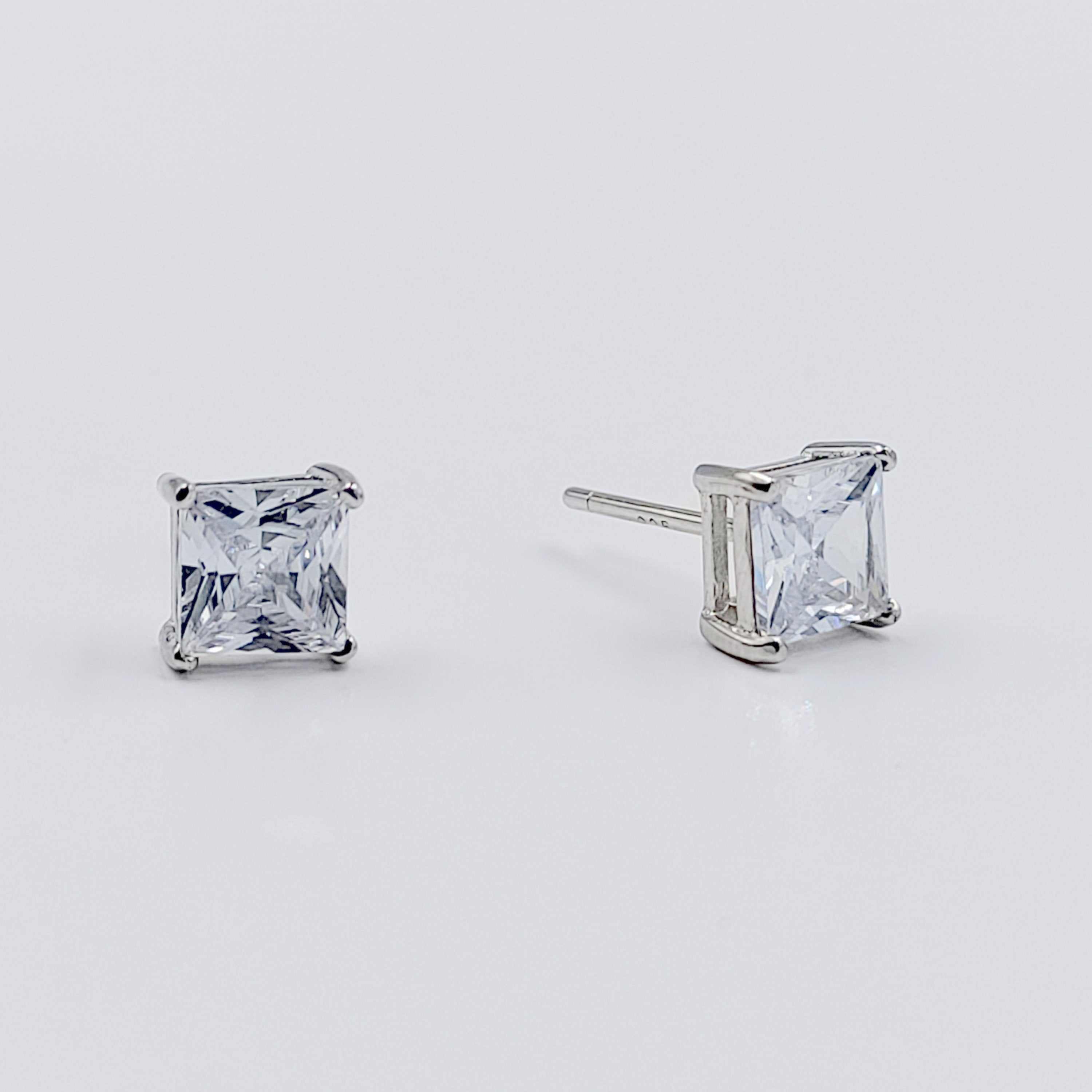 Princess Cut CZ Stud Earrings Square Diamonds Earrings 925 Silver Earring with Stylish Sparkling Minimalist Handmade Gift