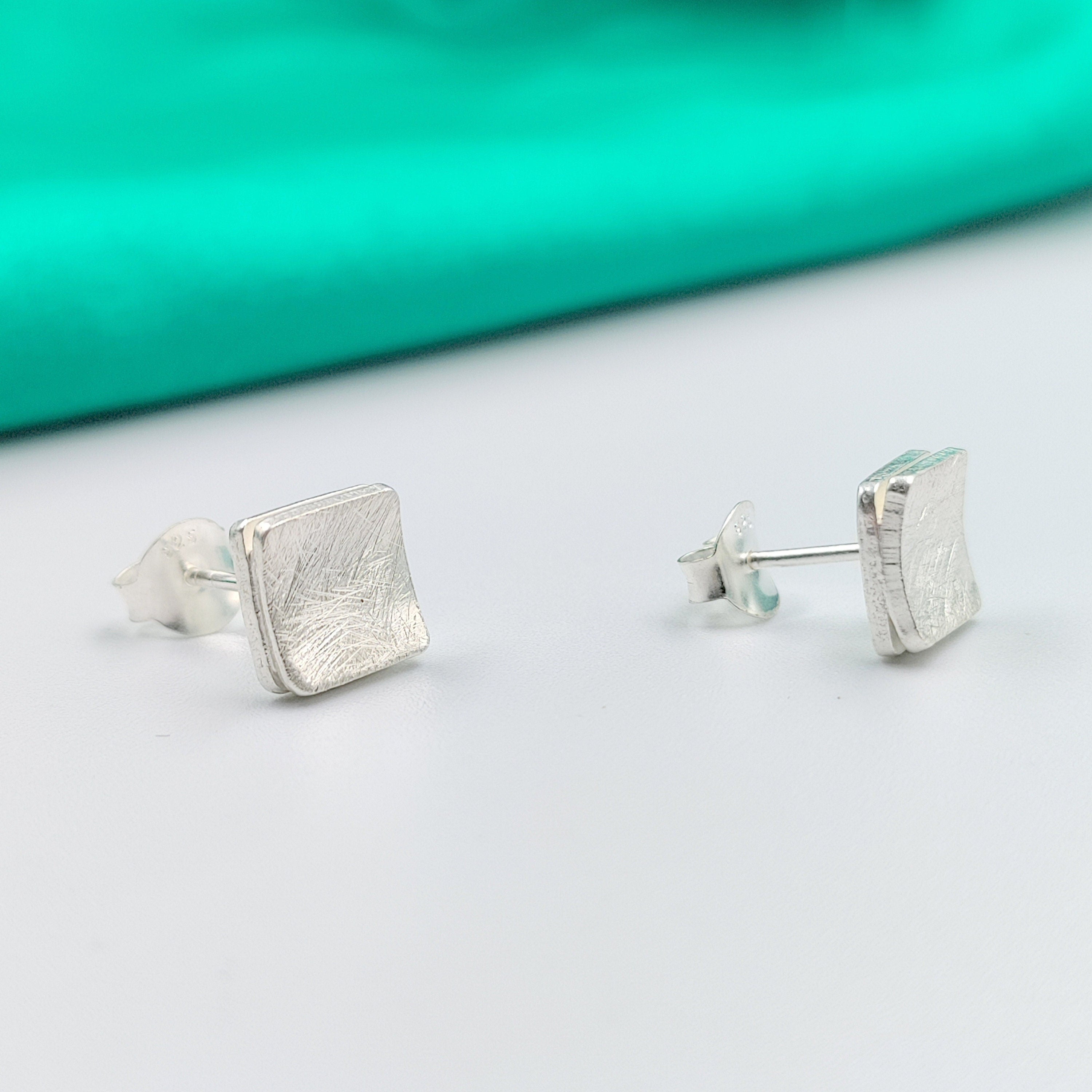 Matte Finished Double layer Curved Square Studs 925 Sterling Silver Cubic Earrings Stylish Stud Earrings for Women