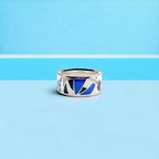 Blue Black Zig Zag Pattern Ring Fine Classic Pave CZ Band With Minimal Design(Size 18)