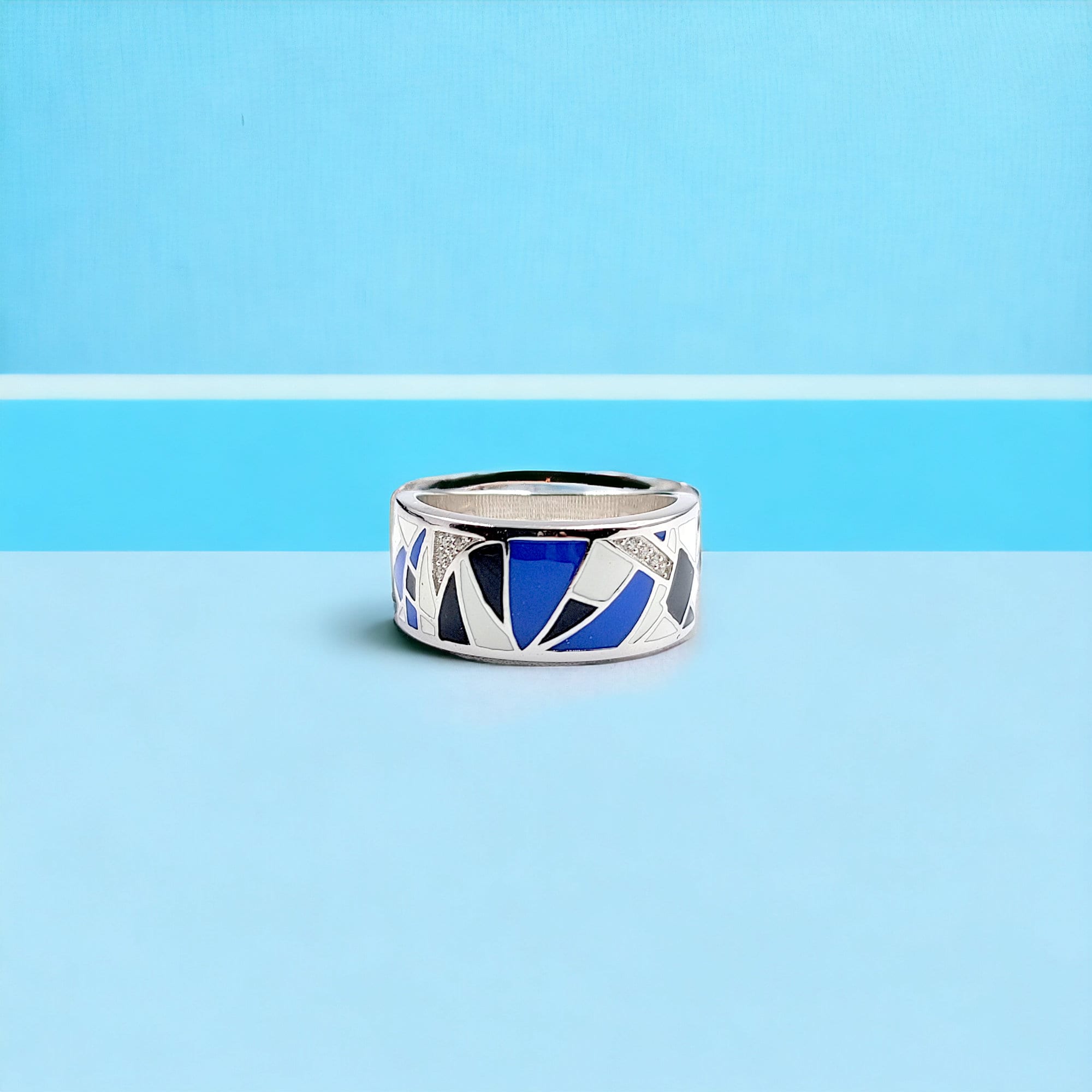 Blue Black Zig Zag Pattern Ring Fine Classic Pave CZ Band With Minimal Design(Size 18)