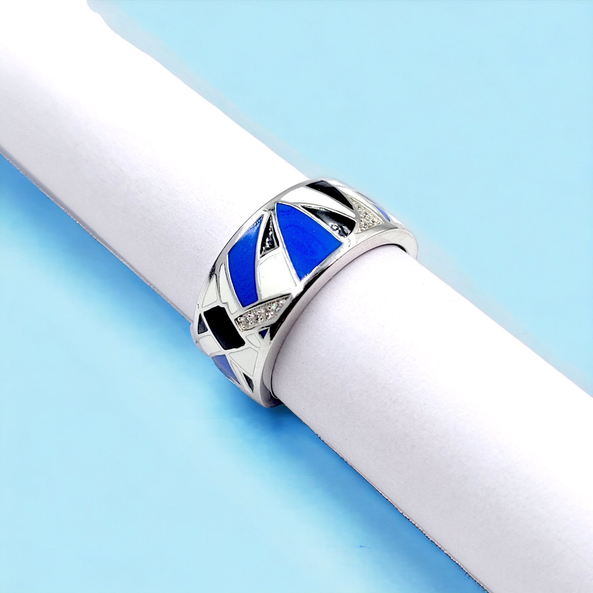 Blue Black Zig Zag Pattern Ring Fine Classic Pave CZ Band With Minimal Design(Size 18)