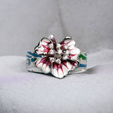 Cubic Zirconia Flower Enamel Silver Rhodium Plated Ring Cocktail CZ Ring(Size 14)
