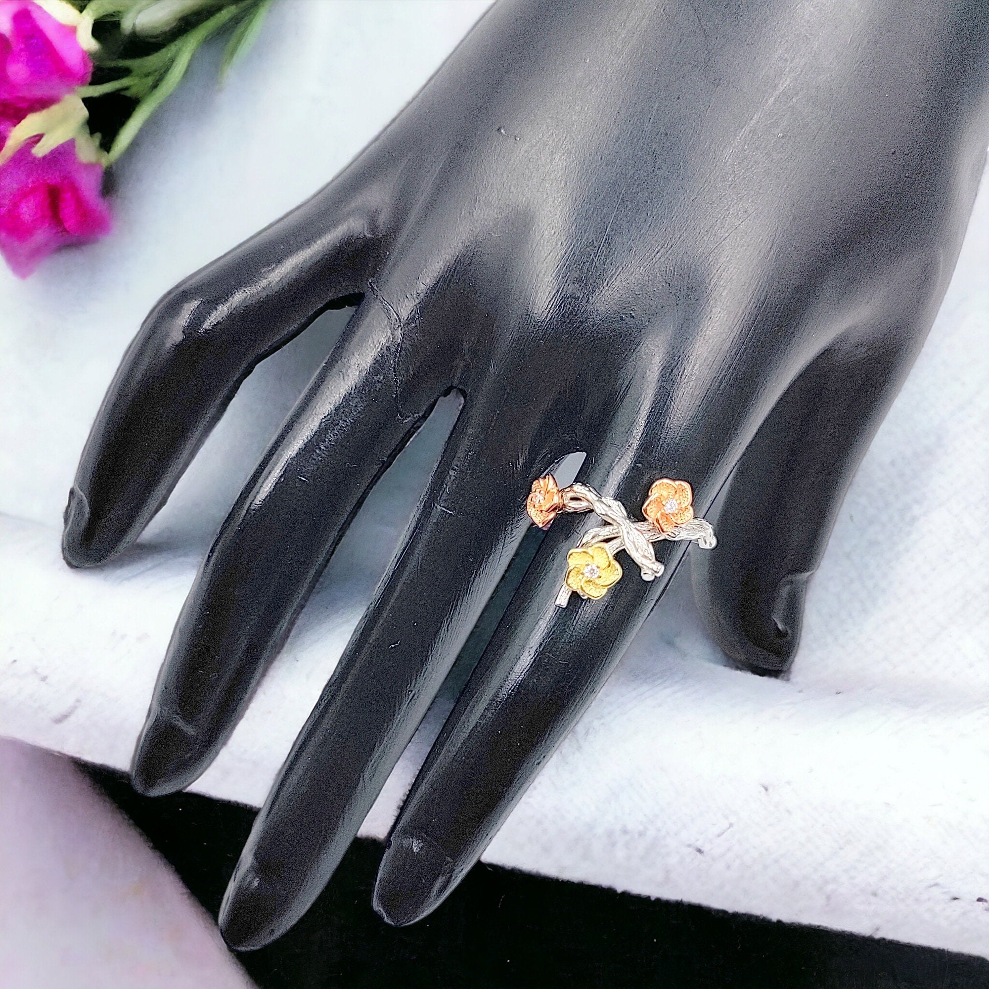 Ring for Women Rose Floral Branch Band Delicate Minimalist Handmade Gift for her(Size 18)