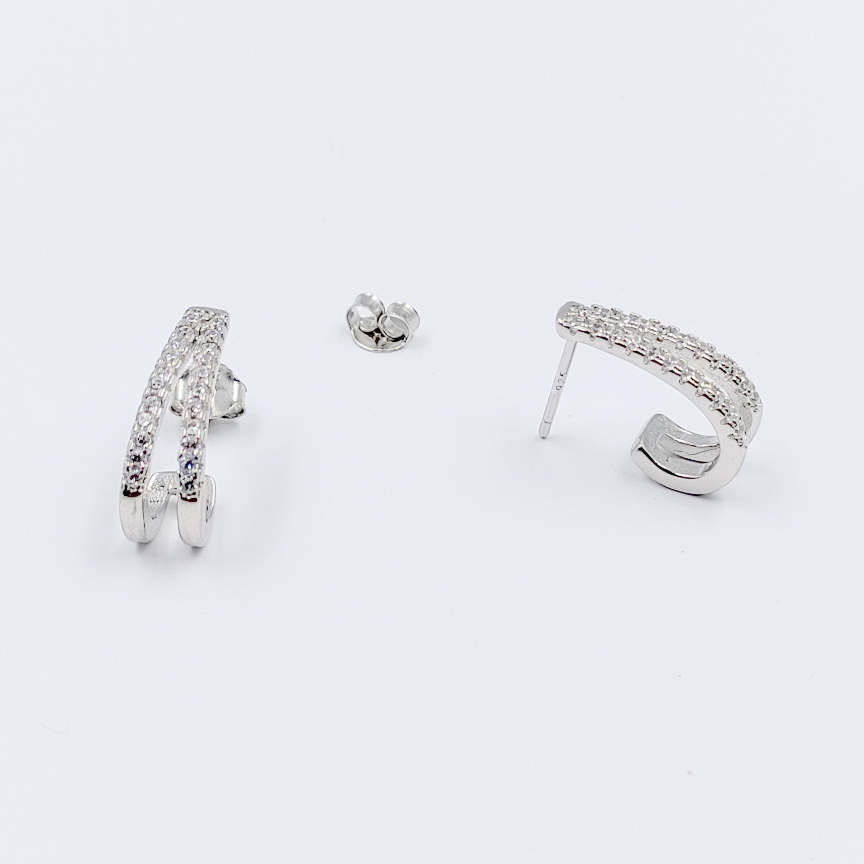 925 Sterling Silver J Hoop Earrings Cubic Zirconia Diamond Studded Bali Solid Silver Minimalist Handmade Gift-17x7 mm