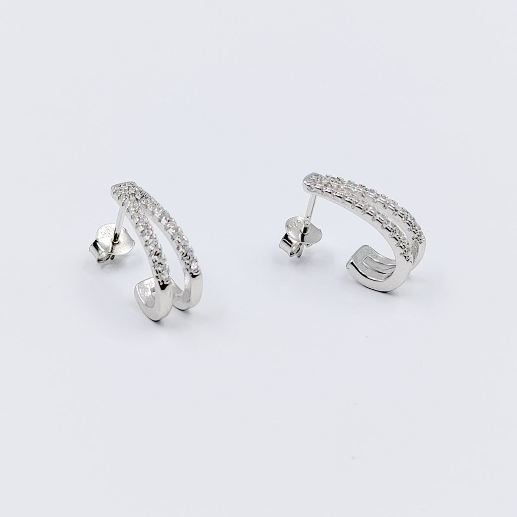 925 Sterling Silver J Hoop Earrings Cubic Zirconia Diamond Studded Bali Solid Silver Minimalist Handmade Gift-17x7 mm