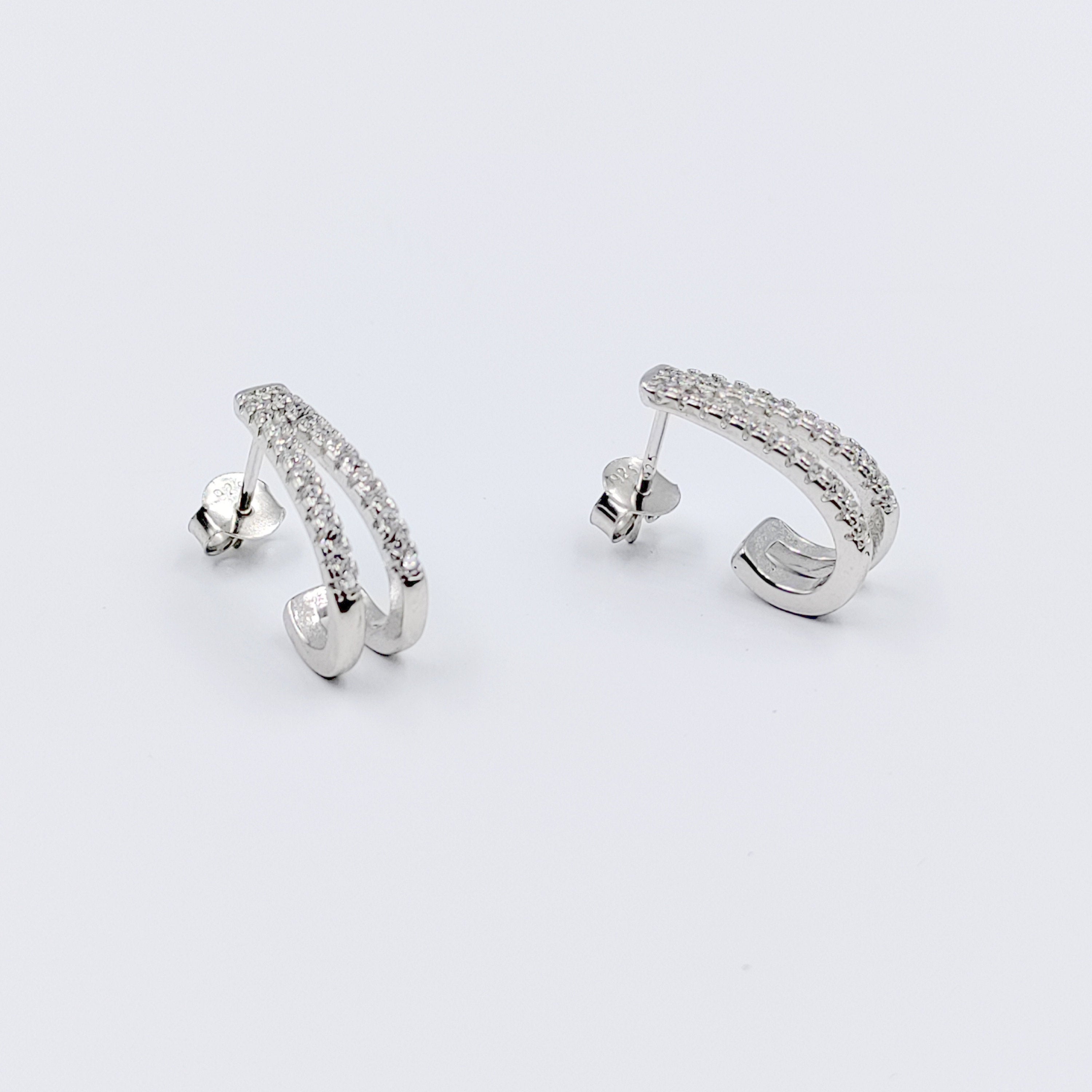 925 Sterling Silver J Hoop Earrings Cubic Zirconia Diamond Studded Bali Solid Silver Minimalist Handmade Gift-17x7 mm