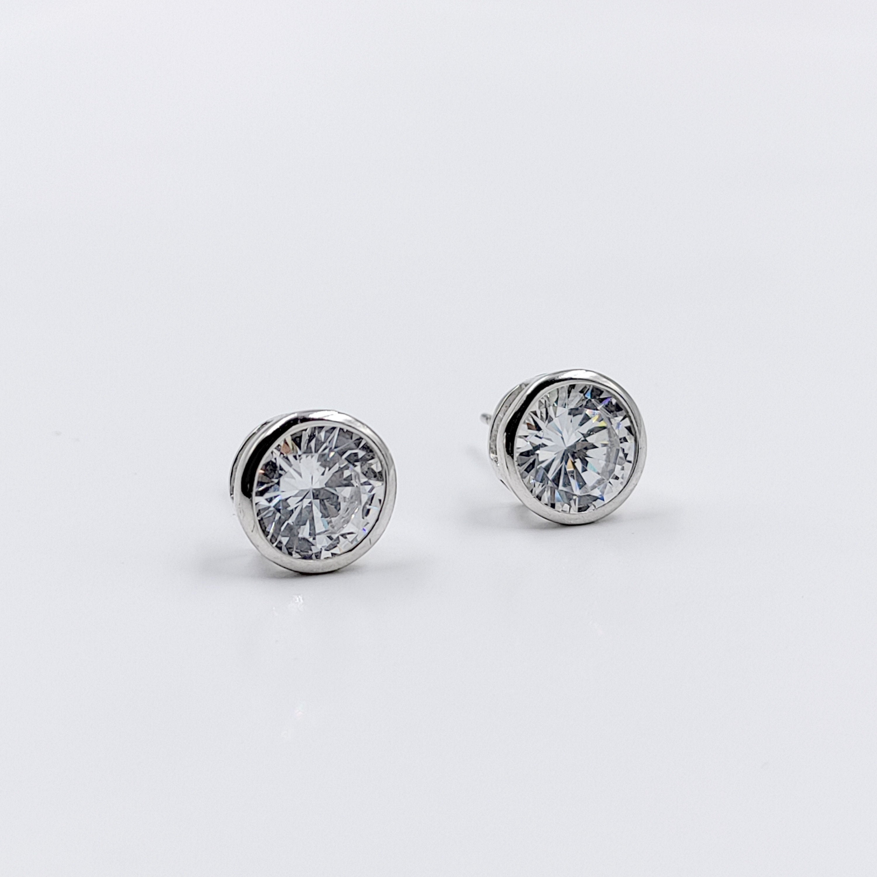 Cubic Zirconia Bezel Set Round Diamond Stud Earrings 925 Silver Earring with Sparkling CZ Minimalist Handmade Gift