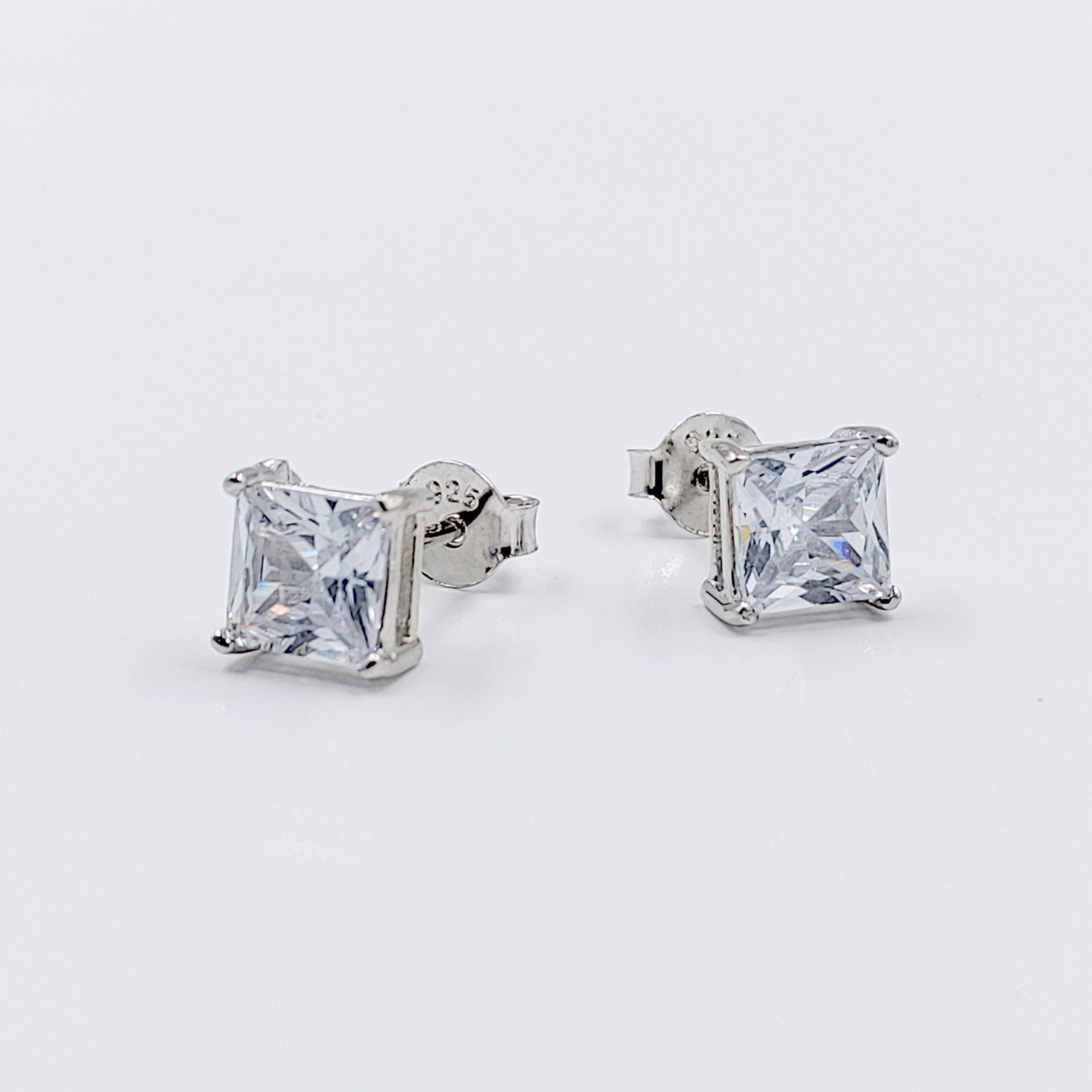 Princess Cut CZ Stud Earrings Square Diamonds Earrings 925 Silver Earring with Stylish Sparkling Minimalist Handmade Gift