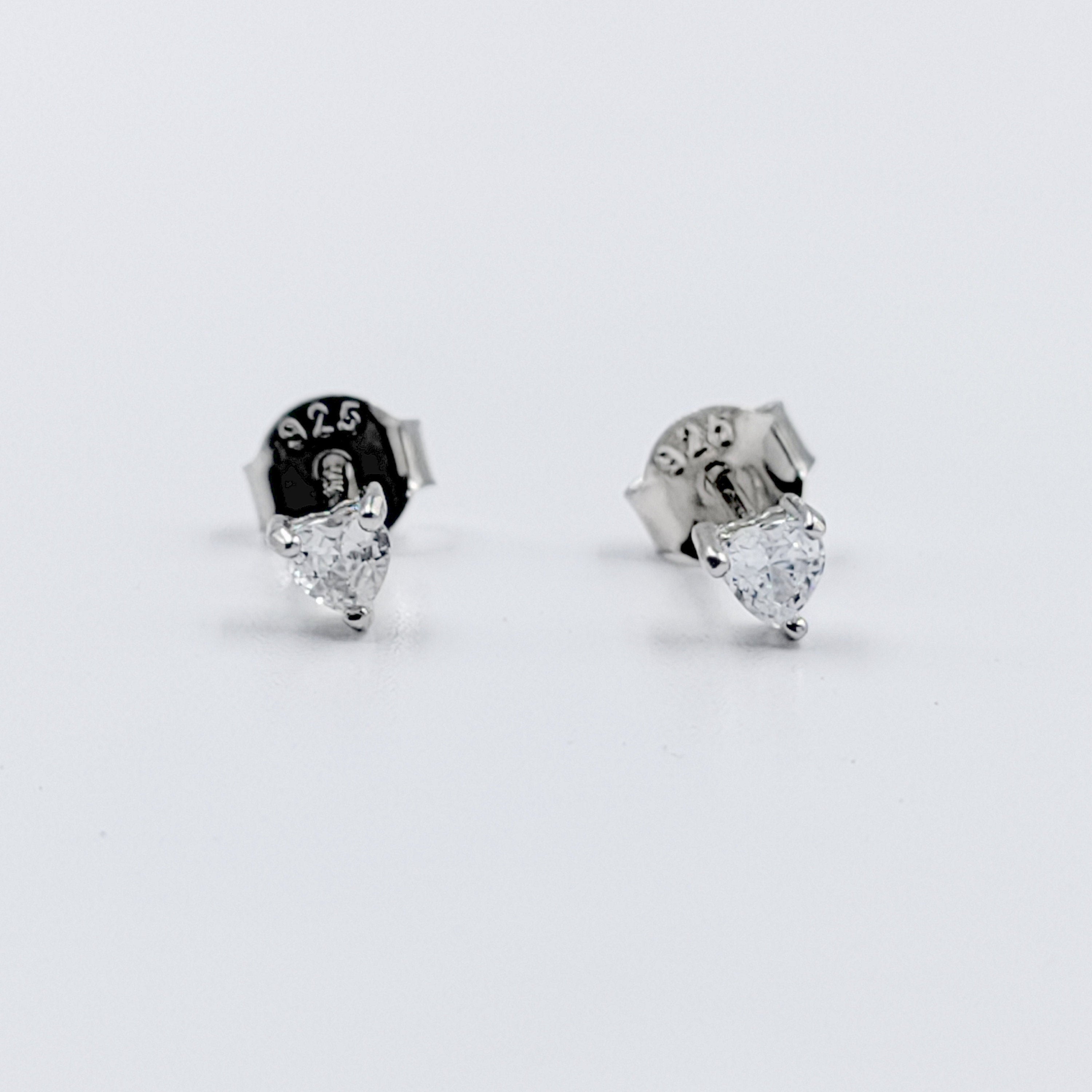 Tiny Heart Shaped Cubic Zirconia Diamond Stud Earrings 925 Silver Earring with Sparkling CZ Minimalist Handmade Gift