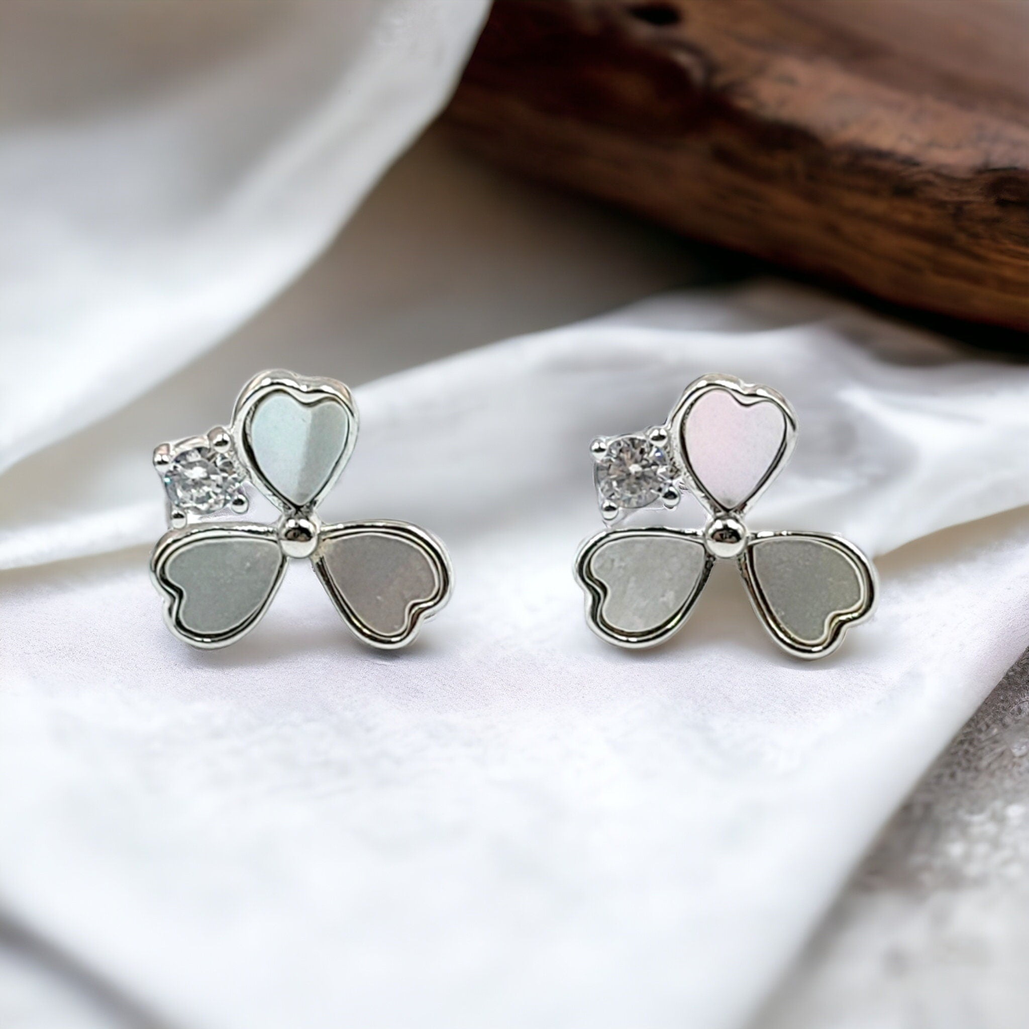 925 Sterling Silver Three Leaf clover Earring Mother of Pearl earrings CZ Solitaire Stud Earrings for Women