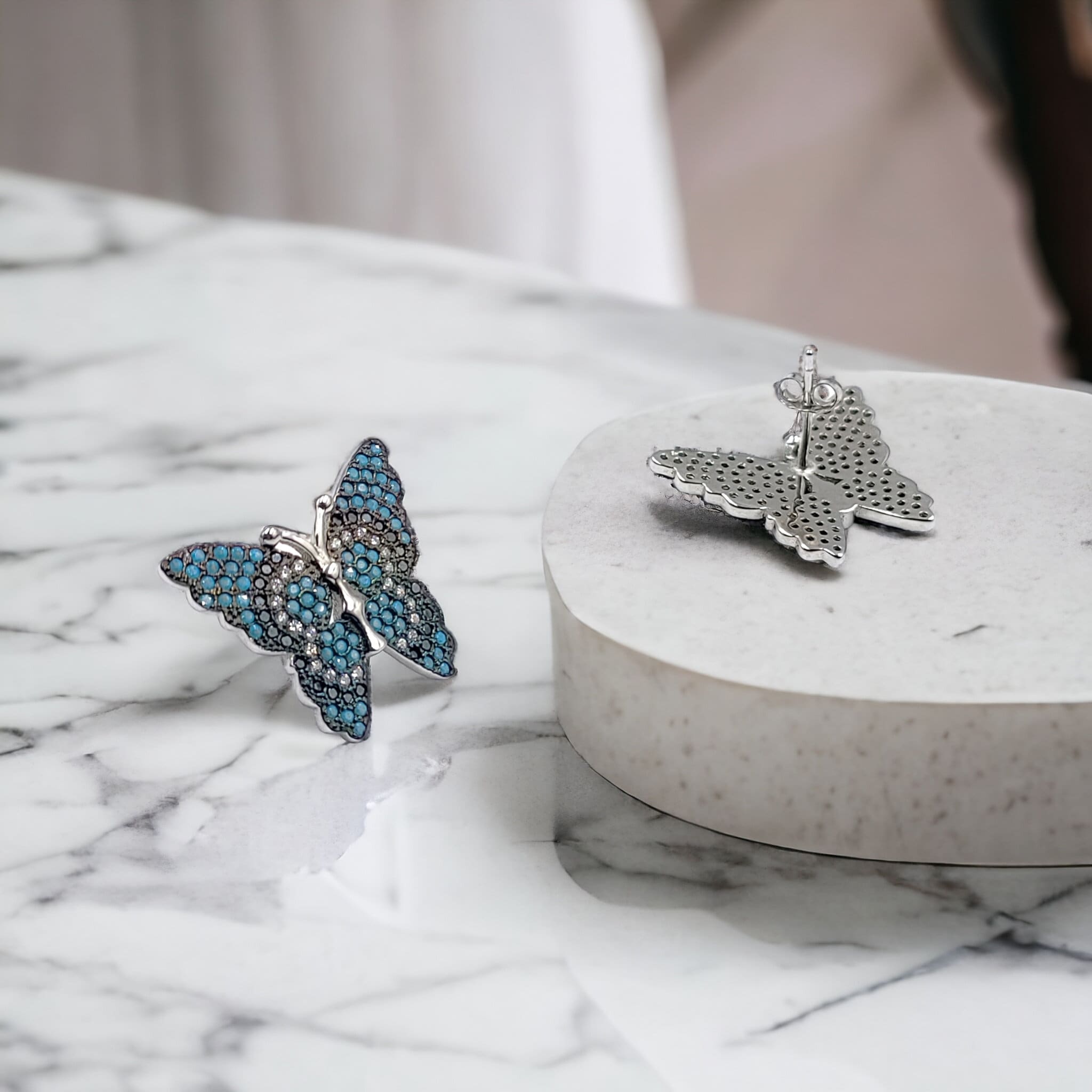 925 Sterling Silver Blue Evil Eye Butterfly Stud Earrings Silver Cubic Zirconia Insect Stud Earring Minimalist Handmade Gift