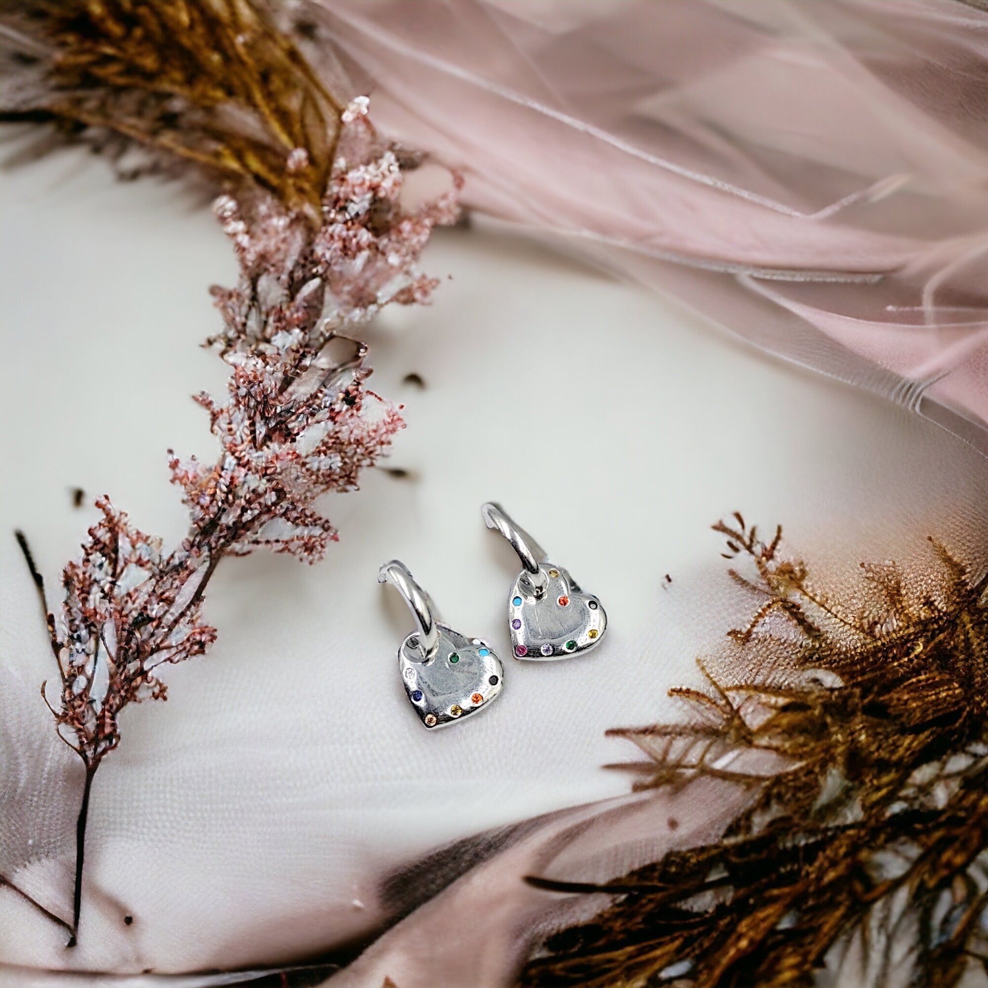 Heart with colored Stone Heart Hoop CZ Cubic Zirconia Convertible Earrings Heart in Hoop Minimalist Handmade Gift-23x14 mm