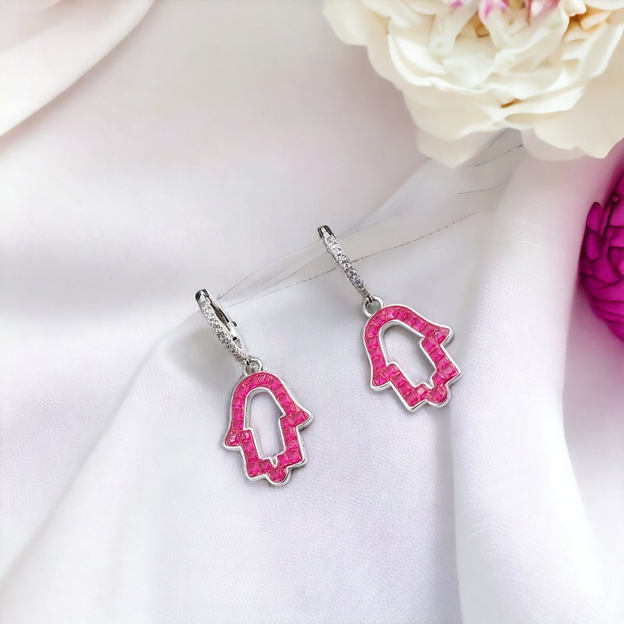 925 Silver Hamsa Stunning Hoop Earrings CZ Art Earrings Hand Sign Boho Stud Minimalist Handmade Gift-31x14 mm