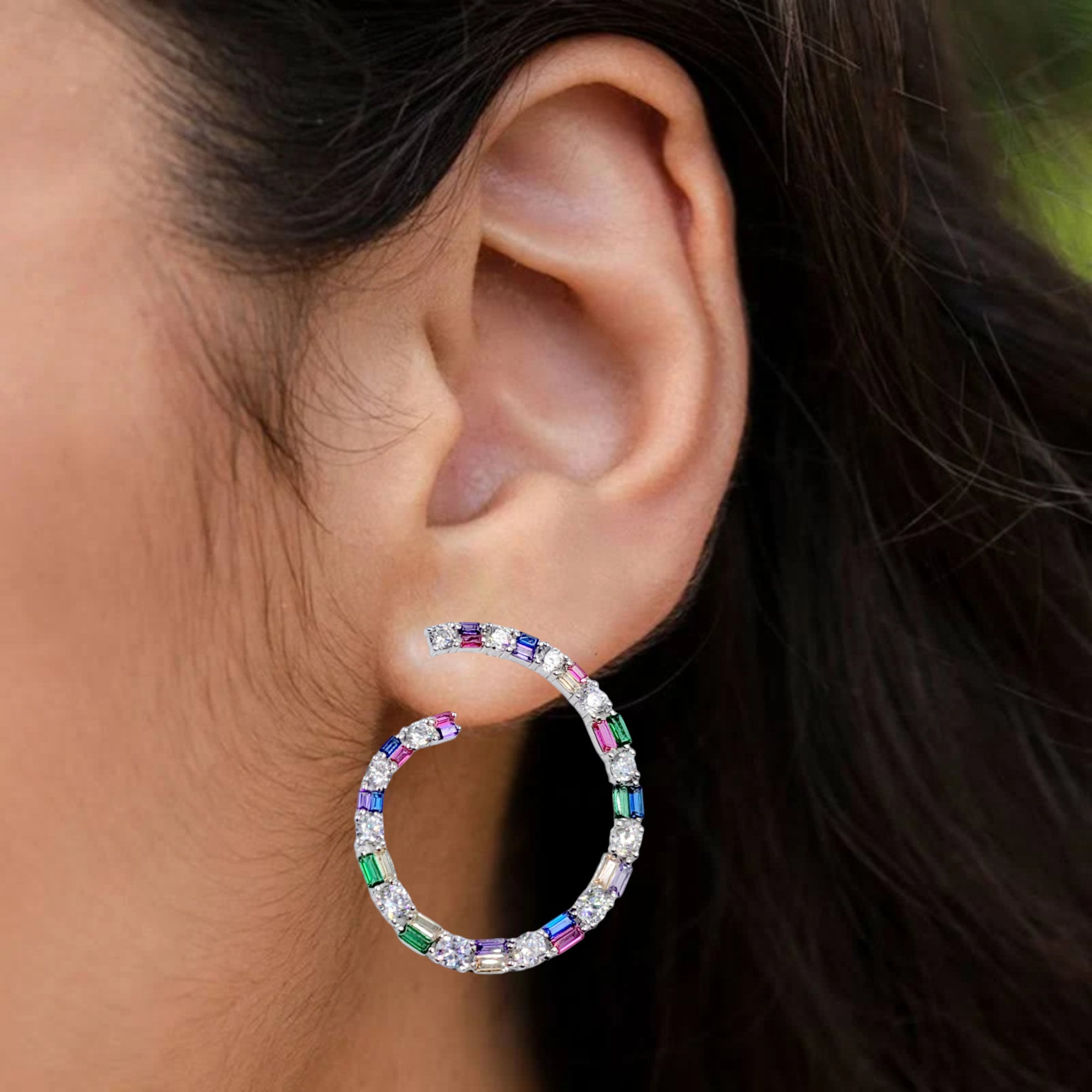 Multi Rainbow Color CZ Twisted Hoop Earrings Multi color Hoop Minimalist Handmade Gift-40x33 mm