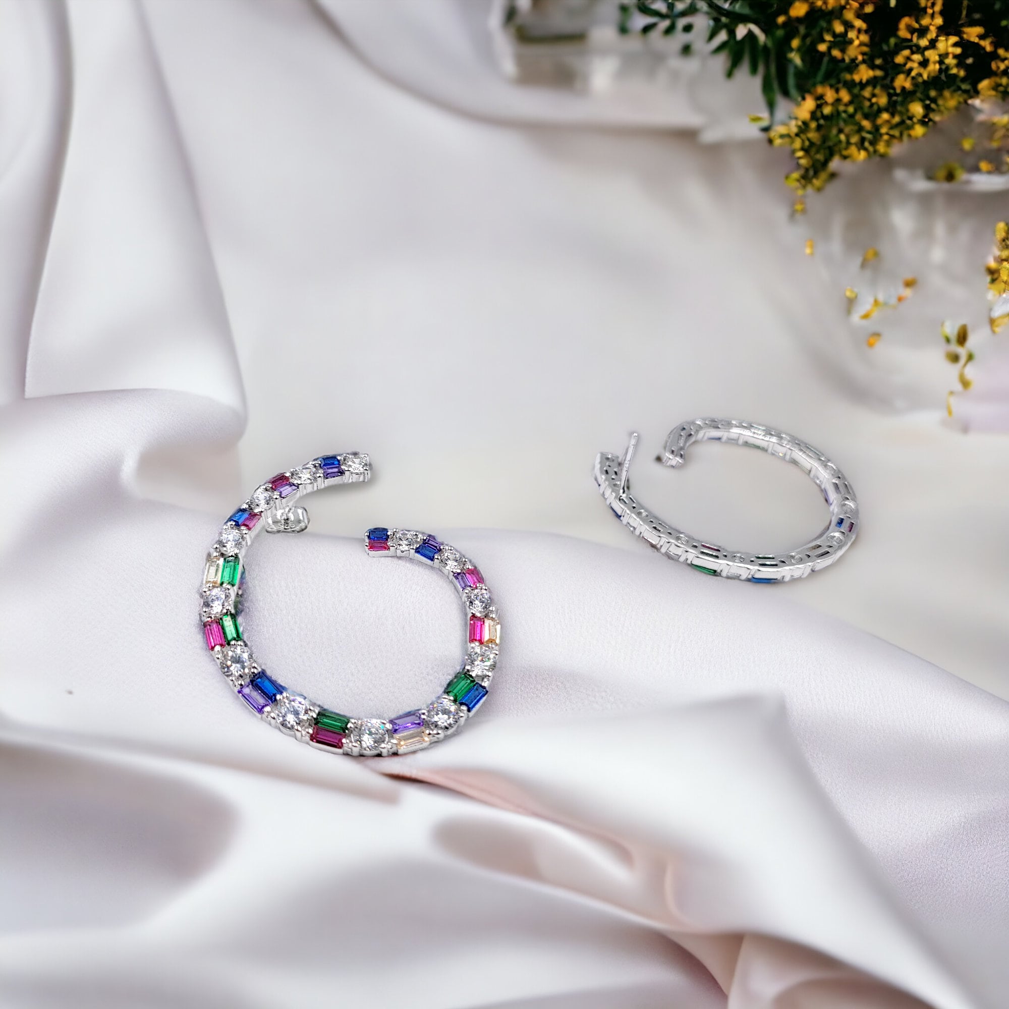 Multi Rainbow Color CZ Twisted Hoop Earrings Multi color Hoop Minimalist Handmade Gift-40x33 mm