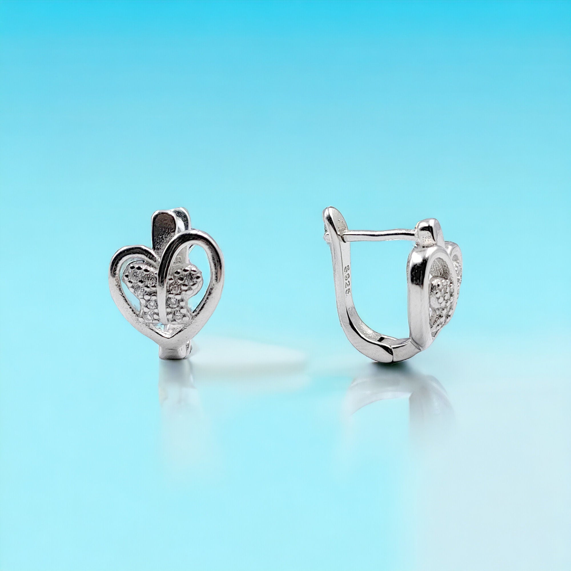 The Butterfly Heart Silver Hoop Earrings Aesthetic Jewelry Unique CZ Stud for Women-15x10 mm