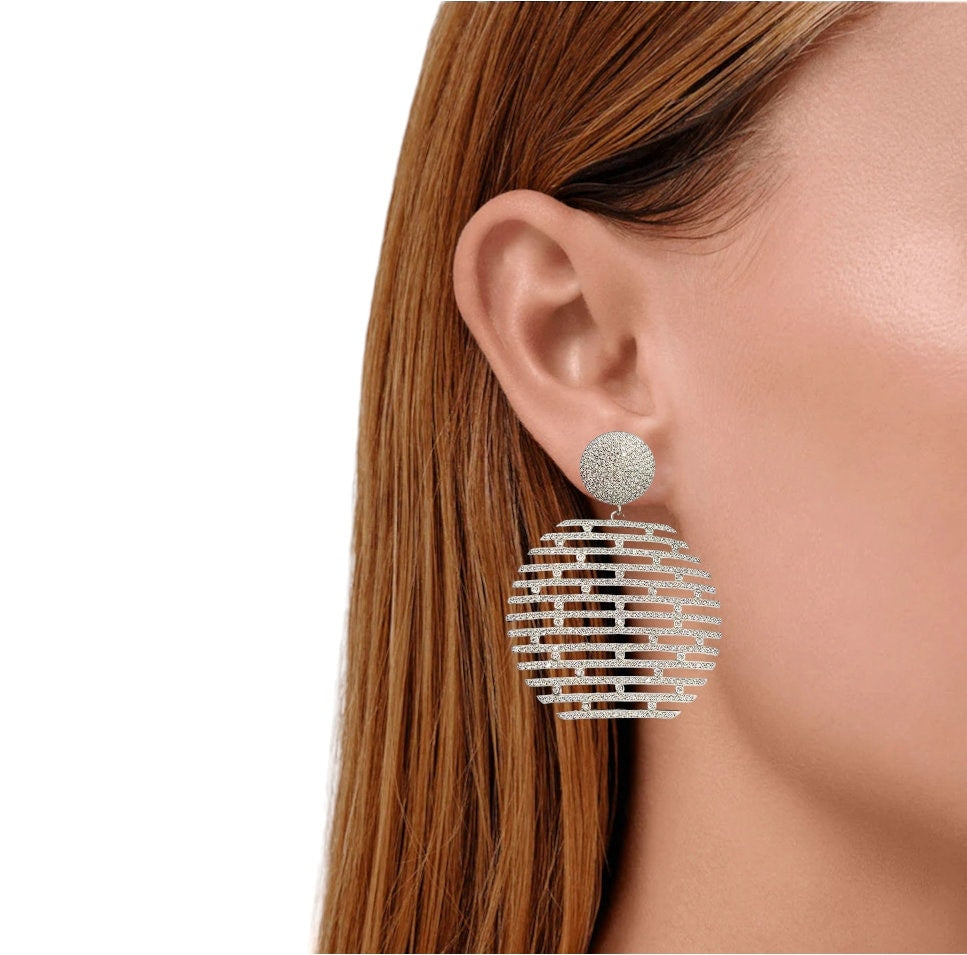 Big Round Zig Zag CZ Drop Earring Layered Earring for her Bridal 925 Sterling Silver Party wear Statement Gift