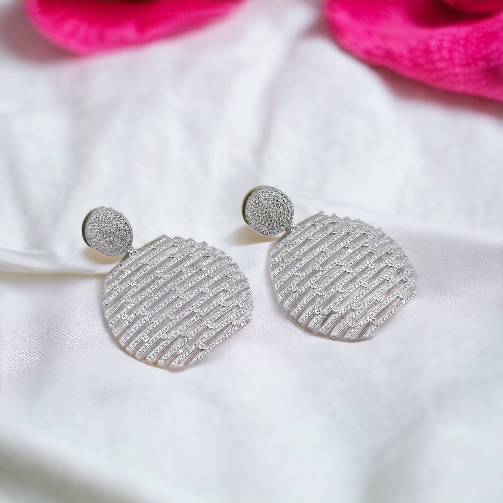 Big Round Zig Zag CZ Drop Earring Layered Earring for her Bridal 925 Sterling Silver Party wear Statement Gift