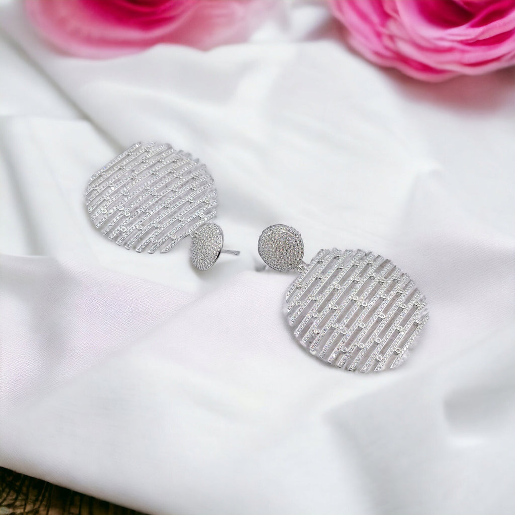 Big Round Zig Zag CZ Drop Earring Layered Earring for her Bridal 925 Sterling Silver Party wear Statement Gift