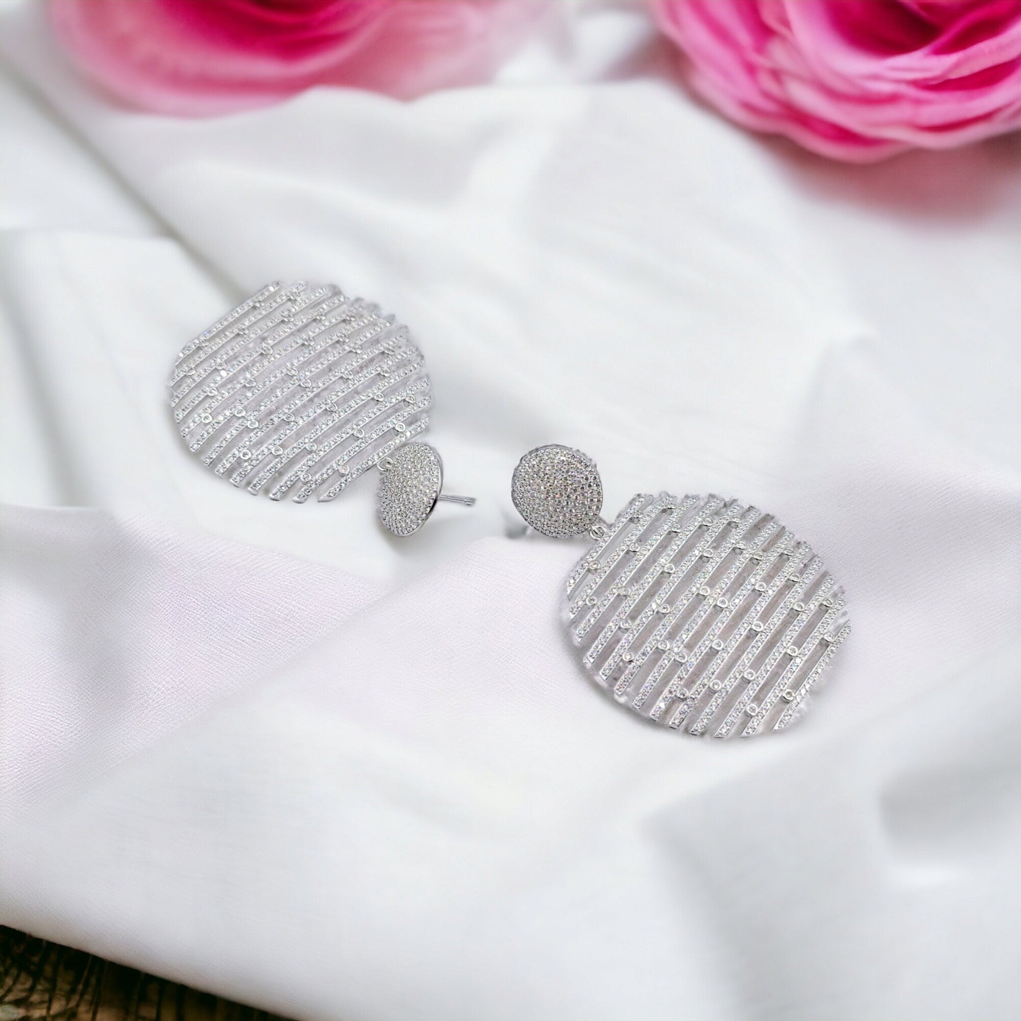 Big Round Zig Zag CZ Drop Earring Layered Earring for her Bridal 925 Sterling Silver Party wear Statement Gift