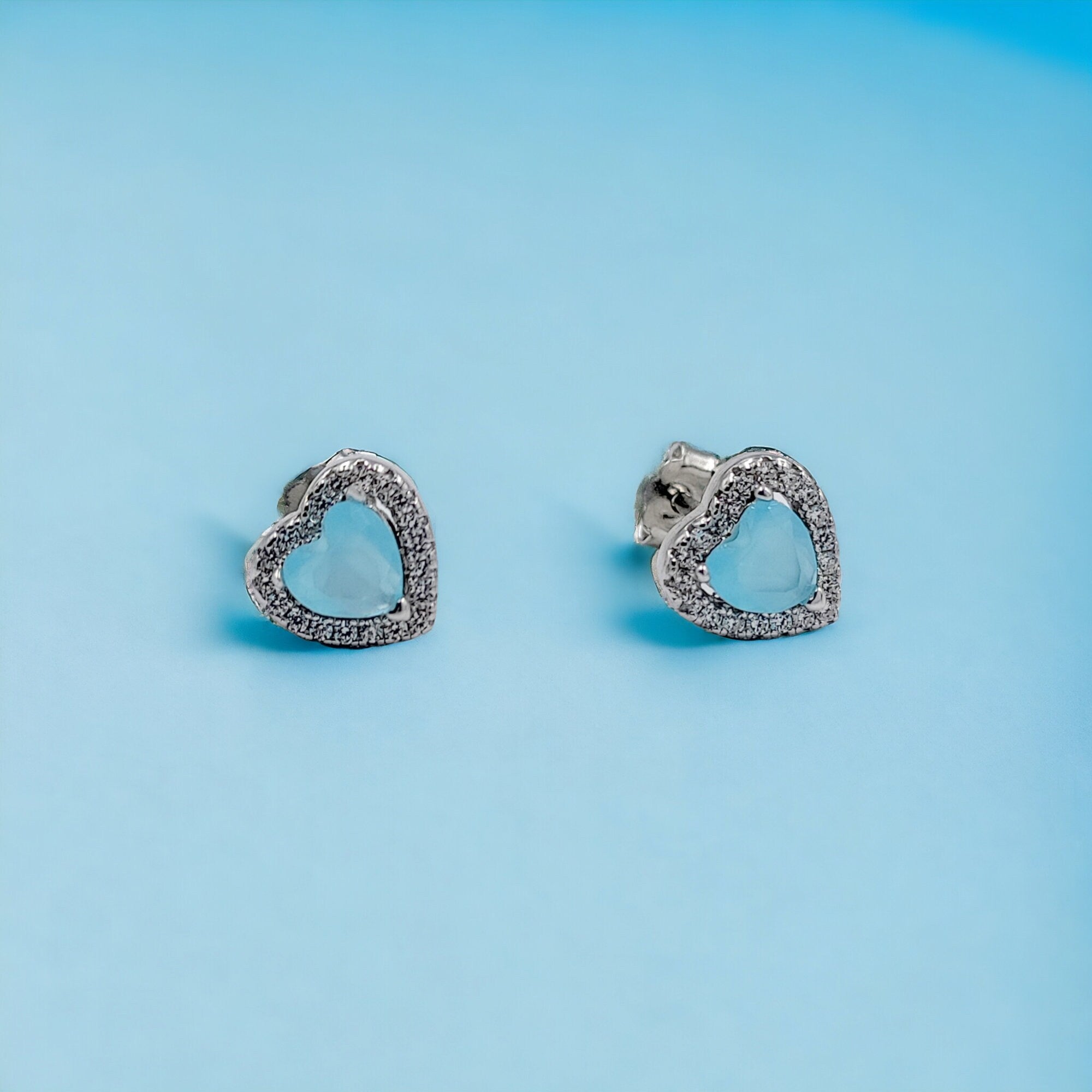 Turquoise Cubic Zirconia Diamond Heart Stud Earrings Minimalist Jewelry Gift