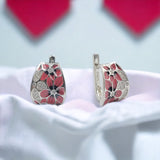 925 Sterling Silver Floral Hoop Earrings Lovely Pink Flower Enamel Clip-on Silver Earrings -15x12 mm